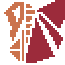 A crimson and latte pixel art representation of the Find Familiar's series mascot, Kindle. His wings are represented in crimson whilst his body is latte colored. Its design contains many lines because he is held together with magical origami