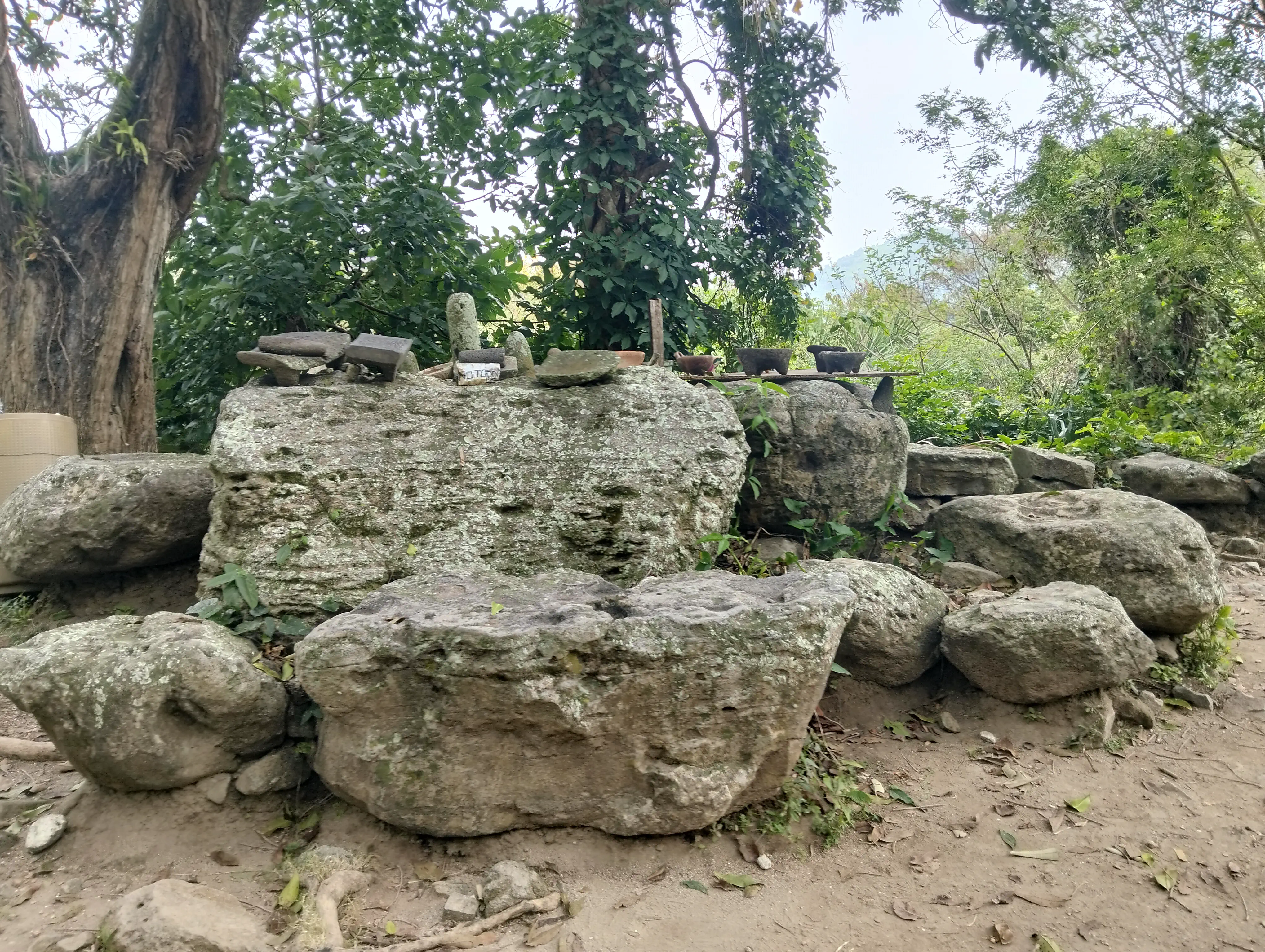 An improvised display of molcajetes
