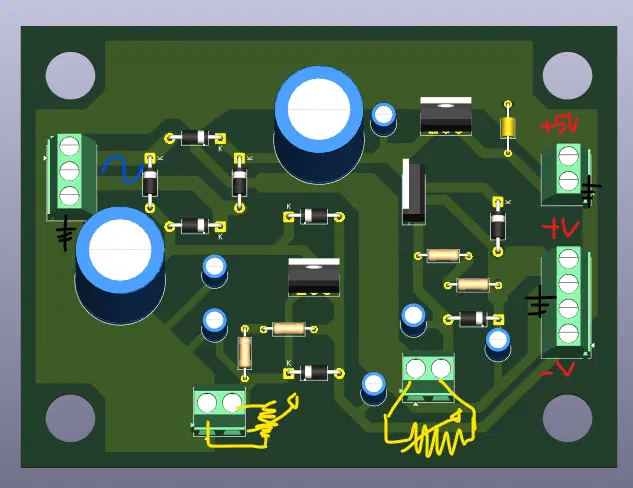 3D render of the PCB for my power source, with the terminal block annotated to where they connect to